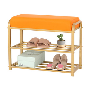 2022 Hot Sell Factory Direct Modern Luxury Metal PU Leather Cushion Change Shoe Stool Shoe Rack