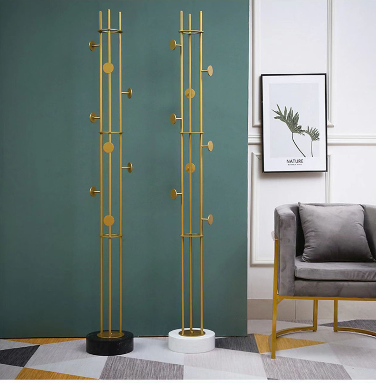 Factory Wholesale quality modern stable coat rack stand  bedroom golden metal hook coat rack with marble base