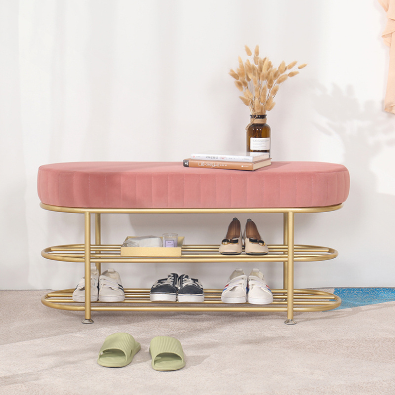 2022 Hot sell Manufacturer Modern Metal Velvet Bench Shoes Changing Stool Shoe Rack Sitting Stool Integrated