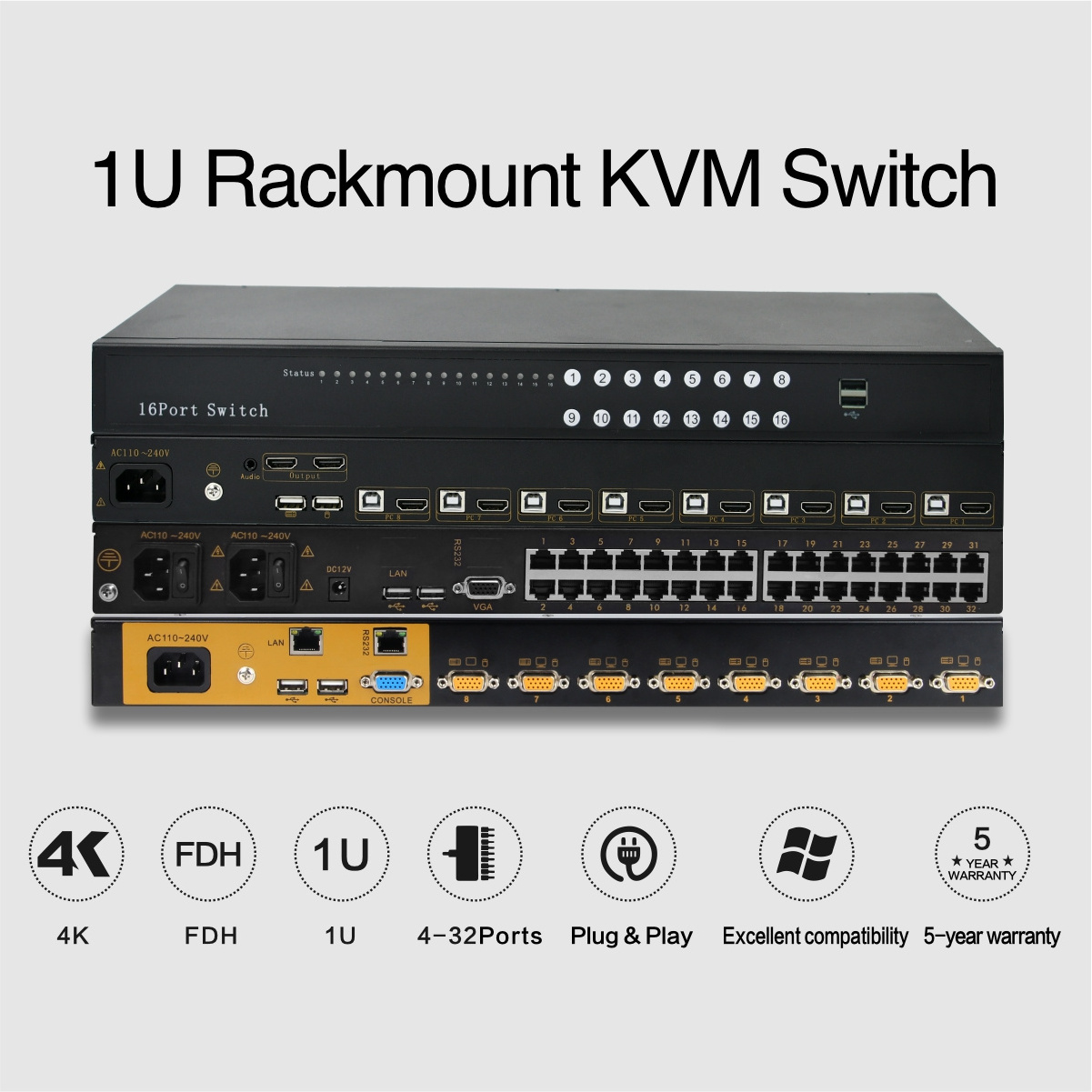 4/8/16 ports 4K RJ45 Ethernet FHD 1U Rackmount Support cascade Over IP 8 ports KVM Switch