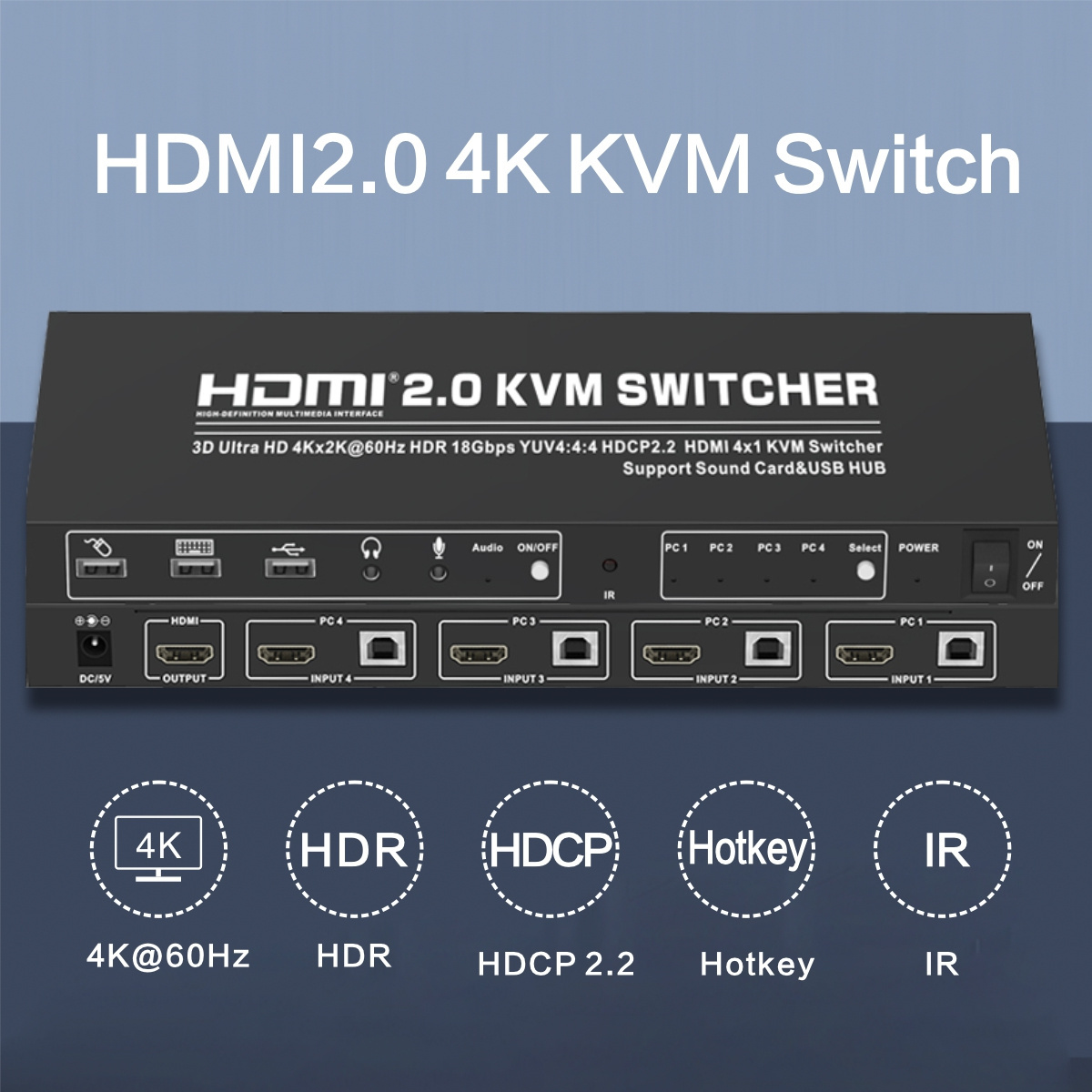 4K 4 port UHD HDMI2.0 USB2.0 Hot Plug IR Hotkey HDMI KVM Switch