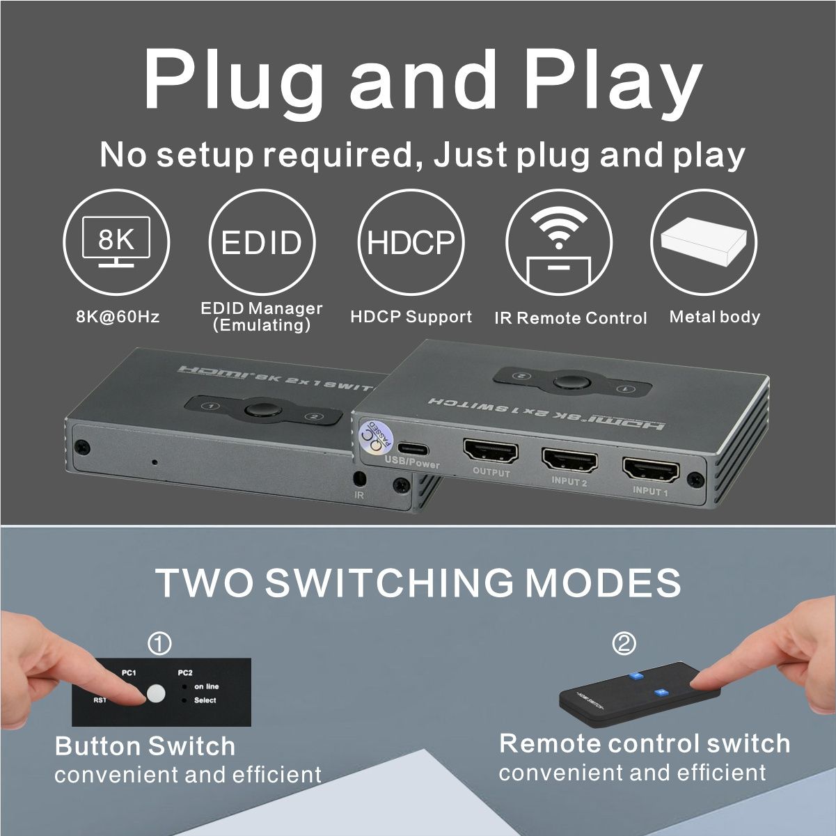 8K HDMI2.1 3D IR HDR HDCP2.3 2x1 HDMI Switch