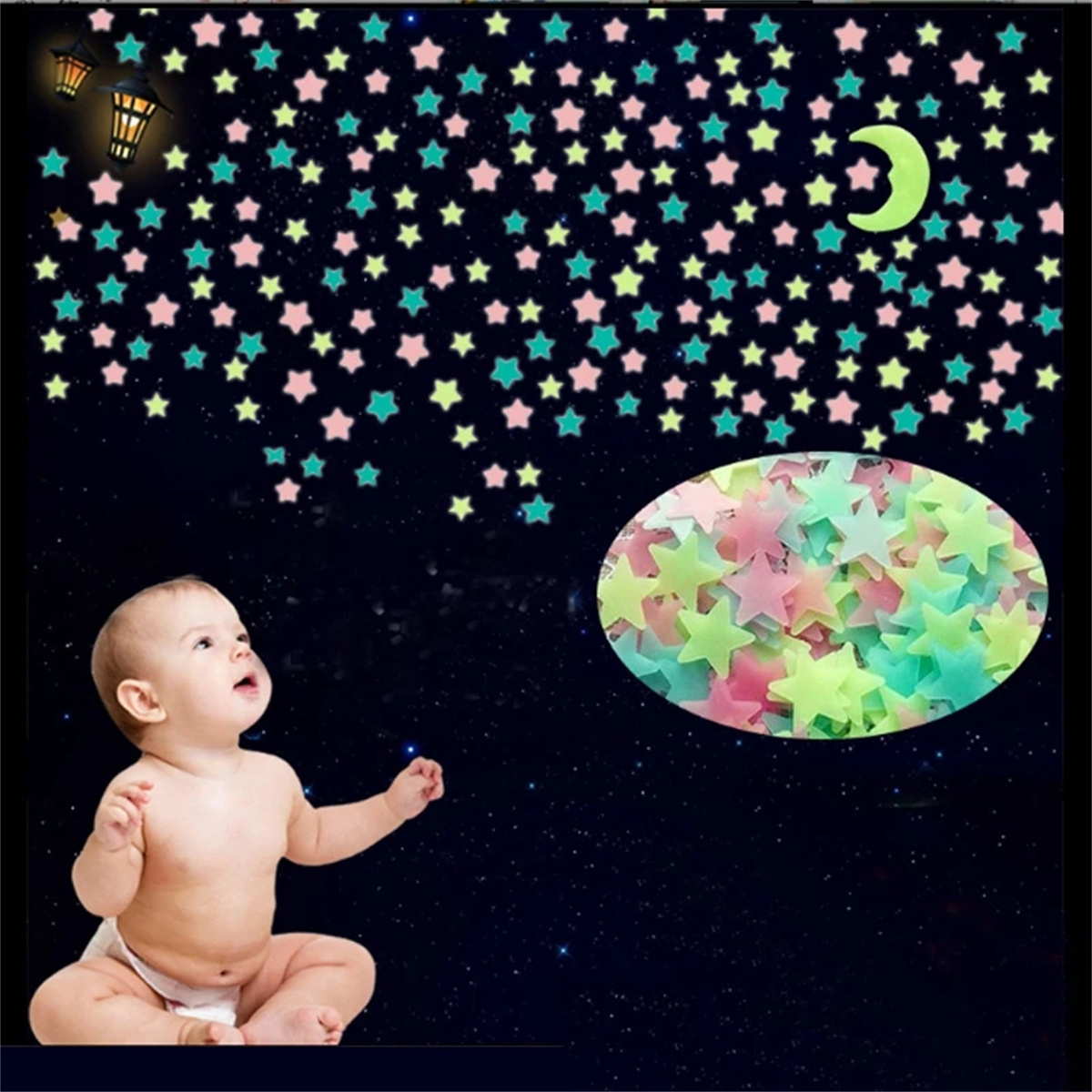 Glow in The Dark Luminous Stars Wall Stickers for Ceiling  Adhesive 200pcs 3D Glowing Stars and 1pc Moon for Kids Bedroom Decor