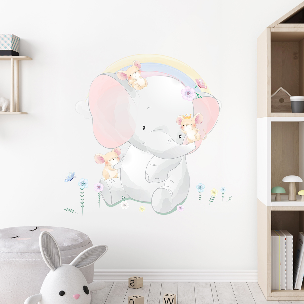 Cute Elephant Wall Decals Baby Nursery Room Children's Room Wall Decor Rainbow Wall Stickers for Kids Room Bedroom Kindergarten