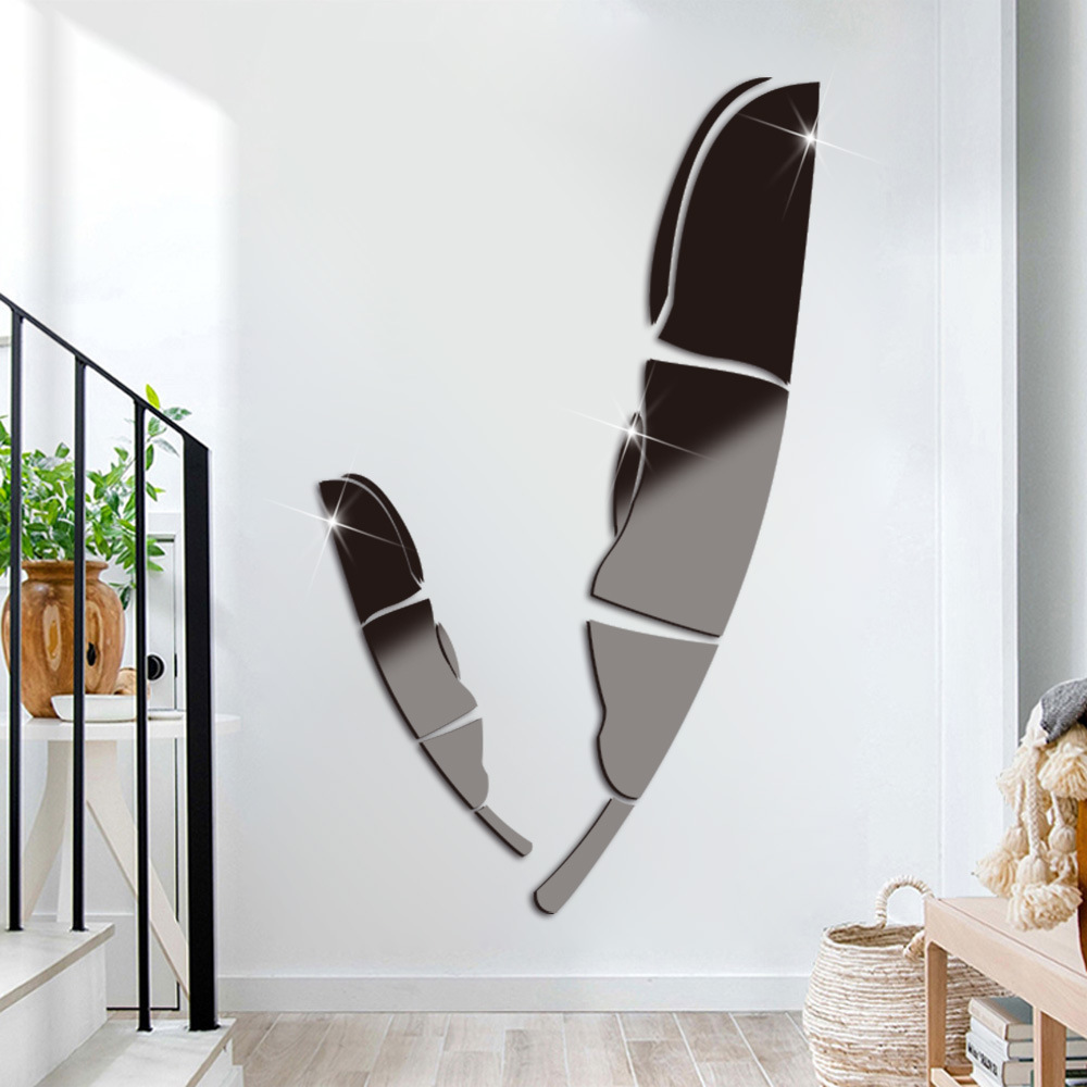 Wholesale price acrylic feather mirror wall stickers silver gold black mirror wall pasted living room bedroom decoration