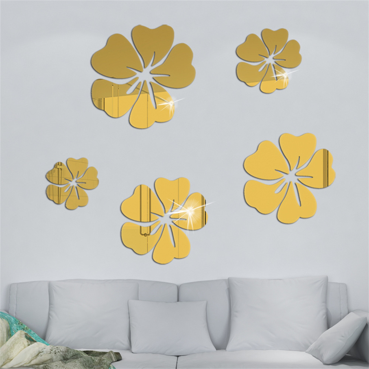 5PCS /SET  Simplicity Hibiscus Flower Petal Mirror Wall Sticker Acrylic Stickers for Living Room Background Wall Home Decor