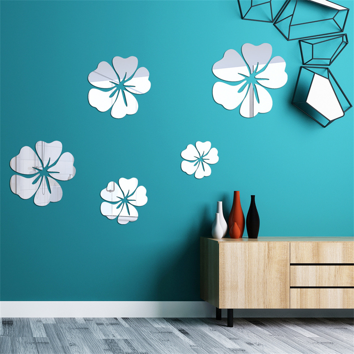 5PCS /SET  Simplicity Hibiscus Flower Petal Mirror Wall Sticker Acrylic Stickers for Living Room Background Wall Home Decor