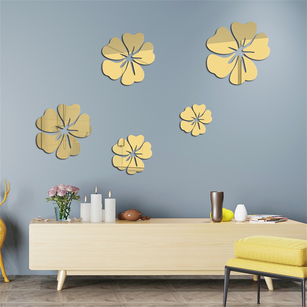 5PCS /SET  Simplicity Hibiscus Flower Petal Mirror Wall Sticker Acrylic Stickers for Living Room Background Wall Home Decor