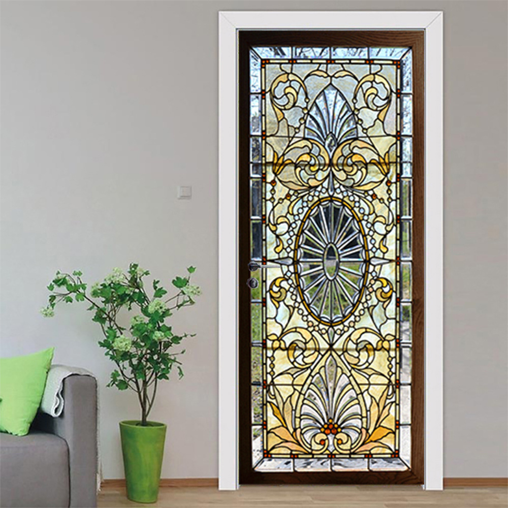 Wholesale 3D Retro Door Stickers Glass Style Door poster Self-adhesive PVC Wall Sticker Bedroom Decorative Door Cover Wall Decal