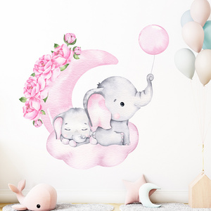 Baby Girl Elephant Sleeping Moon Wall Stickers for Kids Room Baby Nursery Room Decoration Wall Decals Home Decor Cartoon Animal