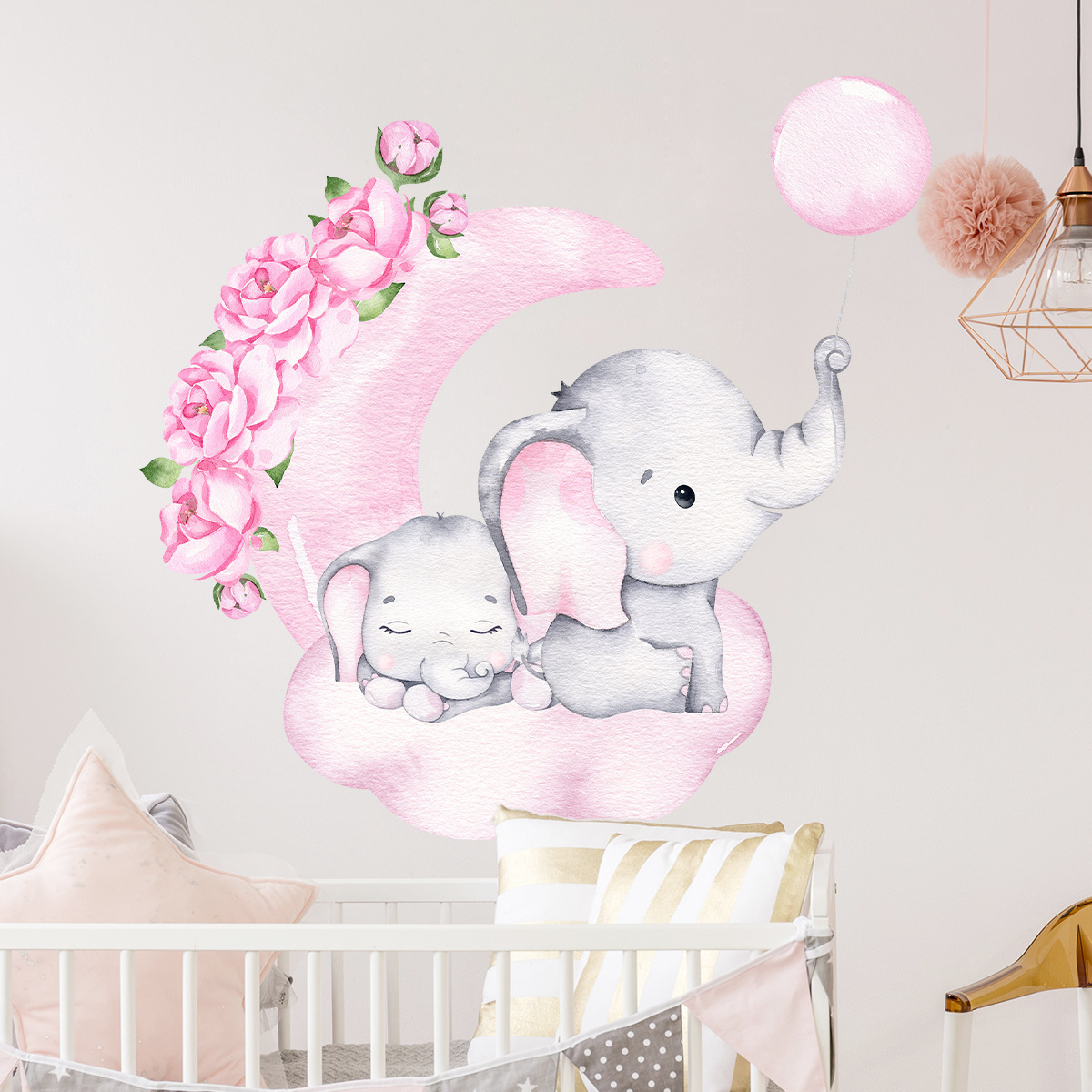 Baby Girl Elephant Sleeping Moon Wall Stickers for Kids Room Baby Nursery Room Decoration Wall Decals Home Decor Cartoon Animal