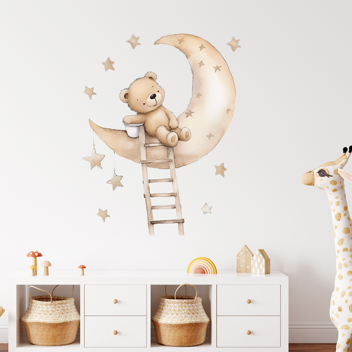 Children's Room Decoration Bedroom Wall Decals Baby Nursery Room Wallpaper Murals Teddy Bear on Moon Wall Stickers for Kids Room