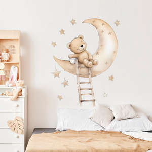 Children's Room Decoration Bedroom Wall Decals Baby Nursery Room Wallpaper Murals Teddy Bear on Moon Wall Stickers for Kids Room