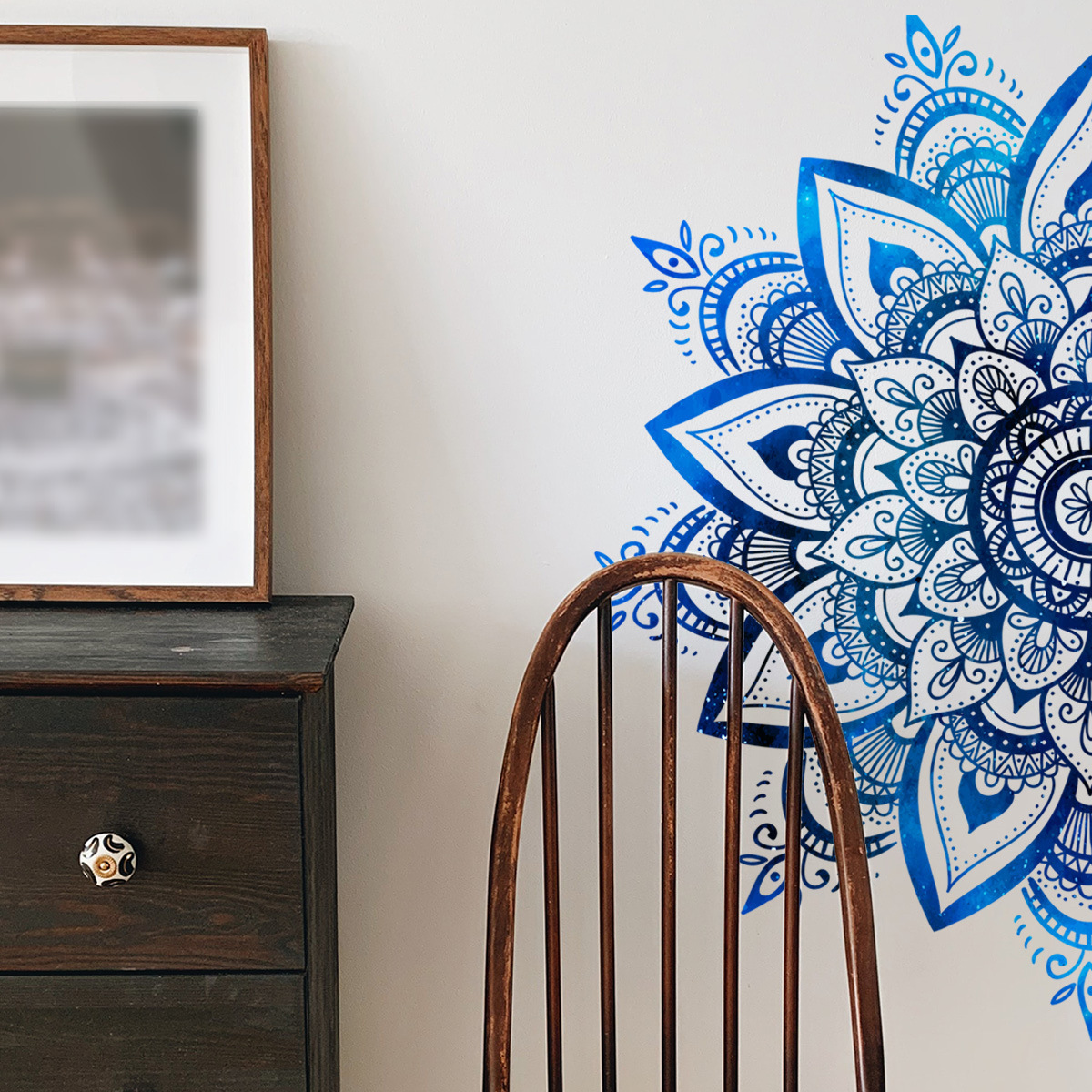 New Bohemian Mandala Door Stickers Blue Flower Painting Wallpaper Yoga Living Room Bedroom Home Interior Art Decal Door Decor