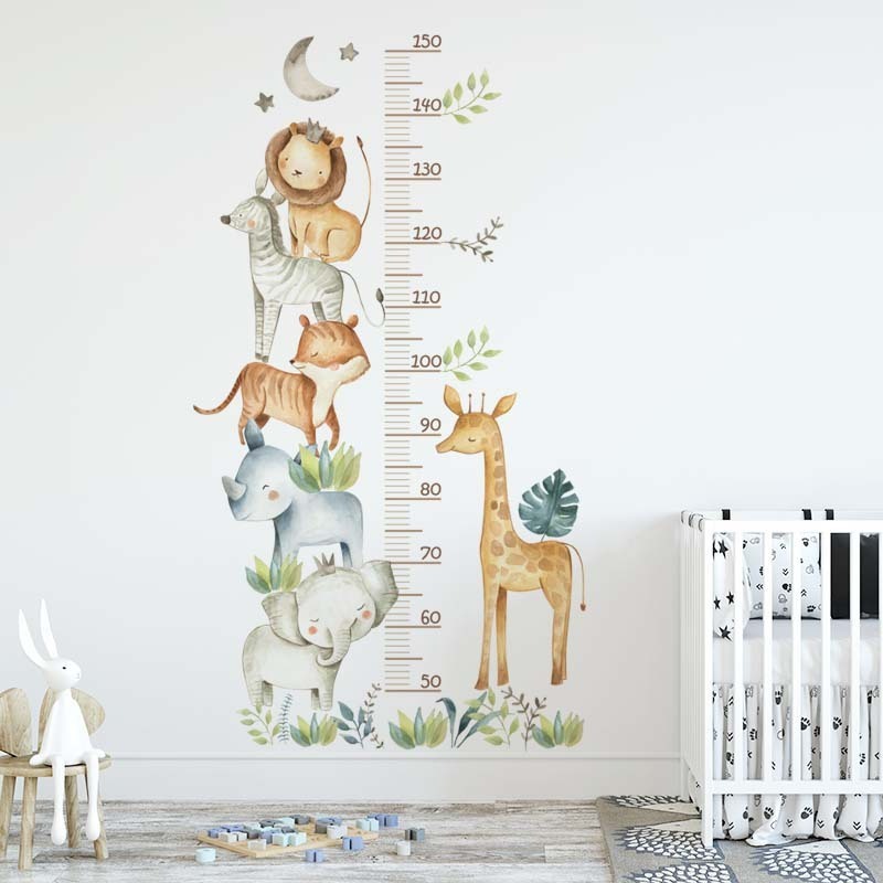 Large African Animals Height Measure Wall Stickers for Kids Boys Baby Room Decoration Cute Elephant Giraffe Wall Decals Nursery