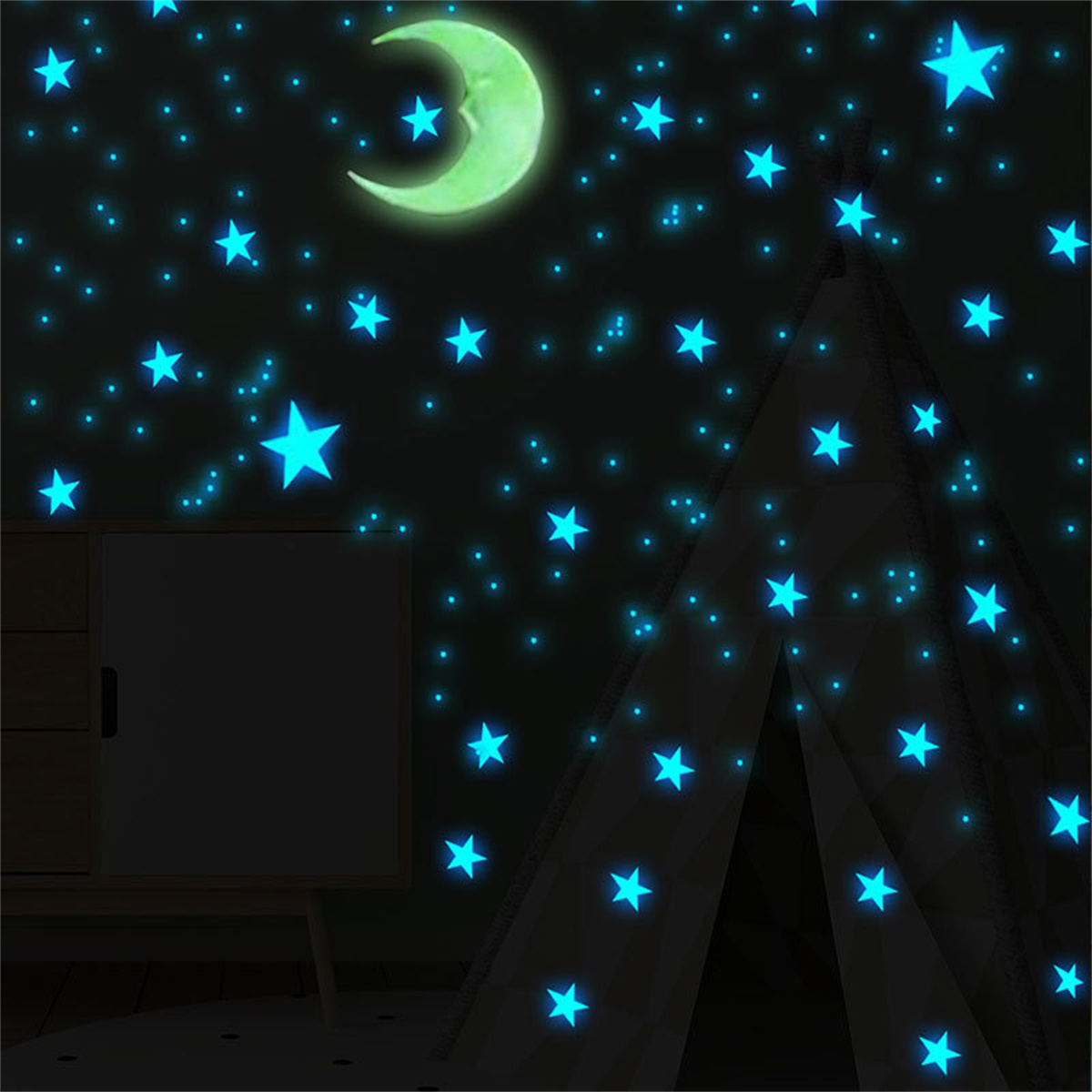 100pcs Nightlight Dark Blue Star Yellow Moon Set Wall Sticker Plastic Star Fluorescent Sticker Children's Room Home Decoration