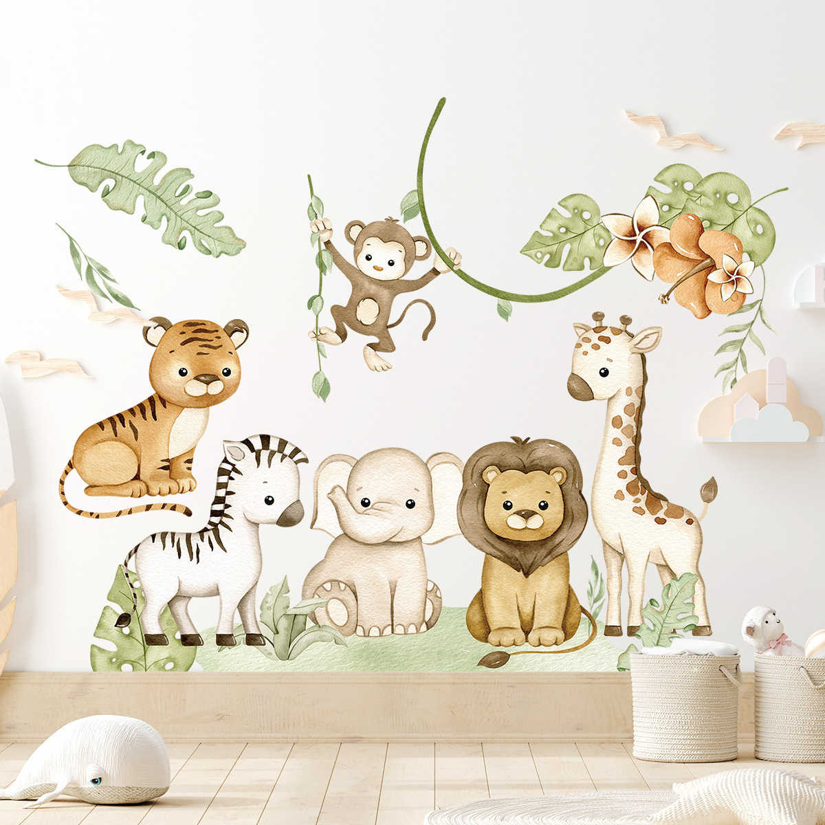 Cute Cartoon Forest Animals Wall Stickers for Kids Rooms Boys Baby Room Decoration Jungle Elephant Giraffe Lion Monkey Wallpaper