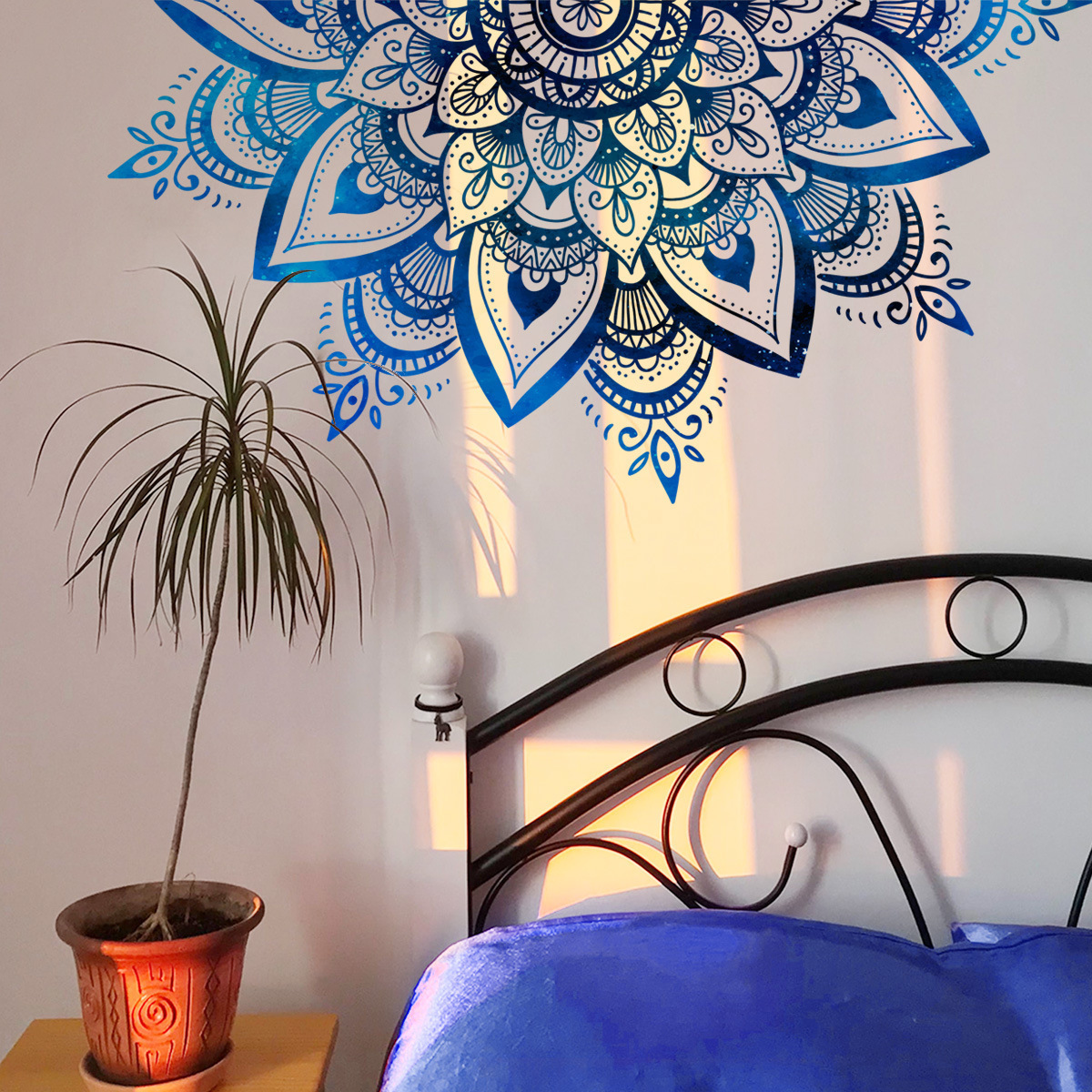 New Bohemian Mandala Door Stickers Blue Flower Painting Wallpaper Yoga Living Room Bedroom Home Interior Art Decal Door Decor