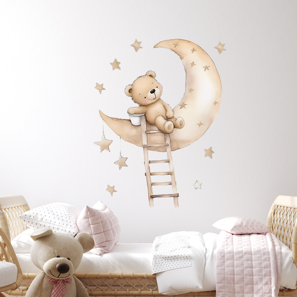 Children's Room Decoration Bedroom Wall Decals Baby Nursery Room Wallpaper Murals Teddy Bear on Moon Wall Stickers for Kids Room