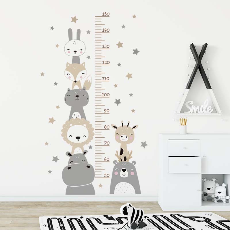 Baby Height Measurement Stickers Home Decor Cartoon Animals Smiley Animal Nursery Wallpaper Art Decals for Kids Room Decoration