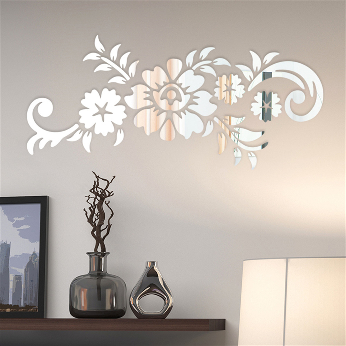 1PC 50x21.5 cm Removable Acrylic 3D Waterproof Mirror Wall Stickers Decal Rattan Flowers Fashionable Home Living Room Decoration