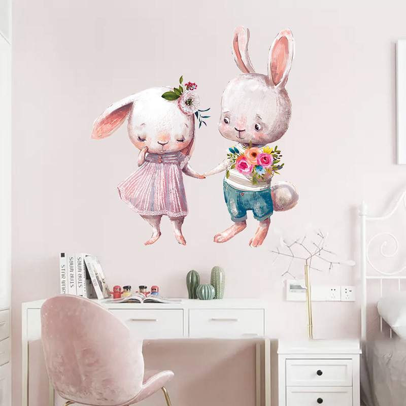 Living Room Home Decoration Gift Wall Stickers Cartoon Rabbit Decals Hearts Clouds Flower Cute Bunny Wallpaper Nursery Ornament