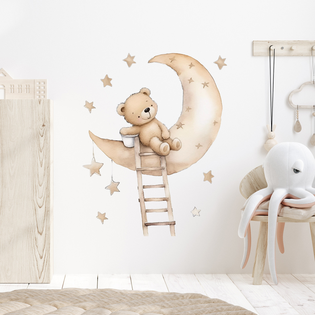 Teddy Bear on Moon Wall Stickers for Kids Room Children's Room Decoration Bedroom Wall Decals Baby Nursery Room Wallpaper Murals