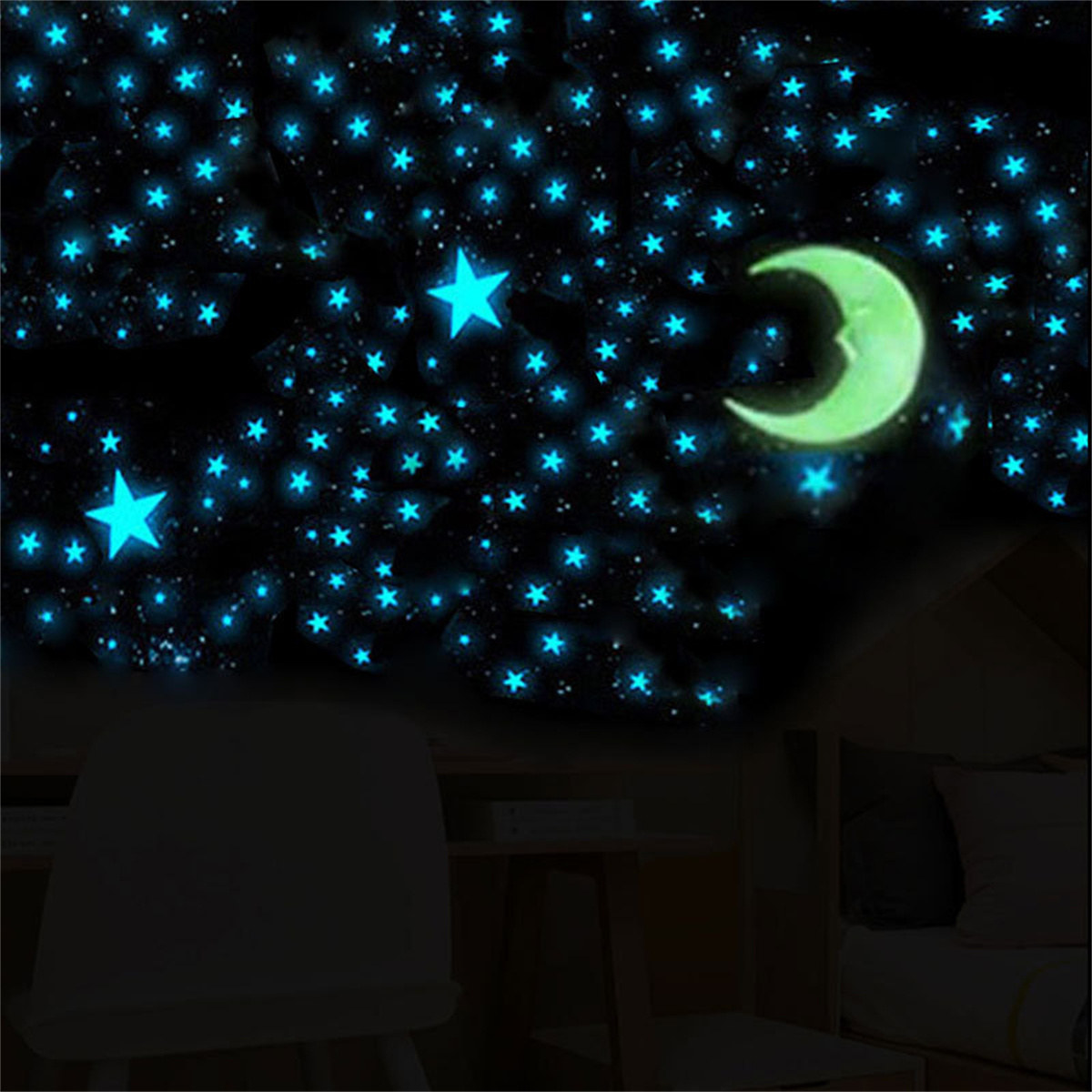 100pcs Nightlight Dark Blue Star Yellow Moon Set Wall Sticker Plastic Star Fluorescent Sticker Children's Room Home Decoration