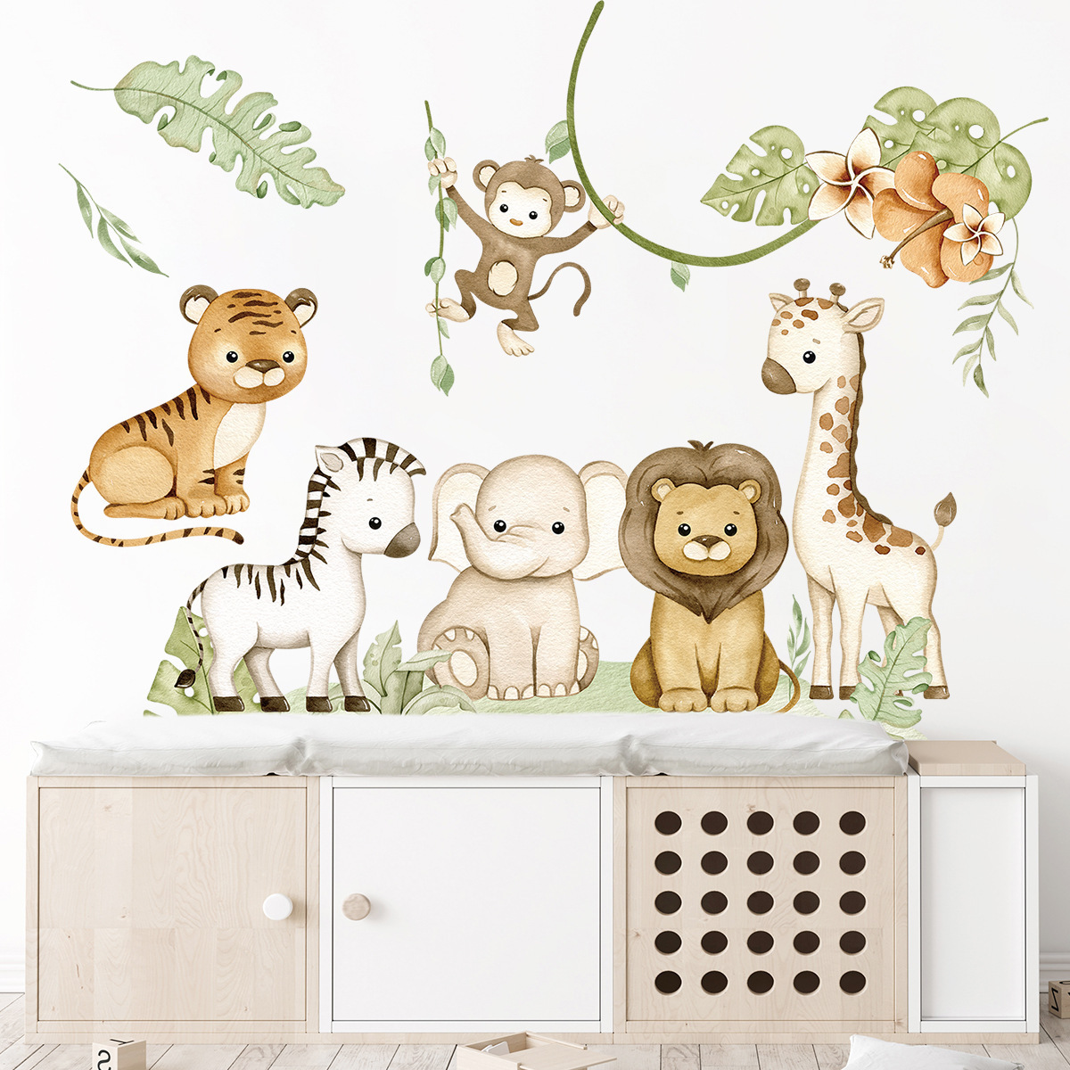 Cute Cartoon Forest Animals Wall Stickers for Kids Rooms Boys Baby Room Decoration Jungle Elephant Giraffe Lion Monkey Wallpaper