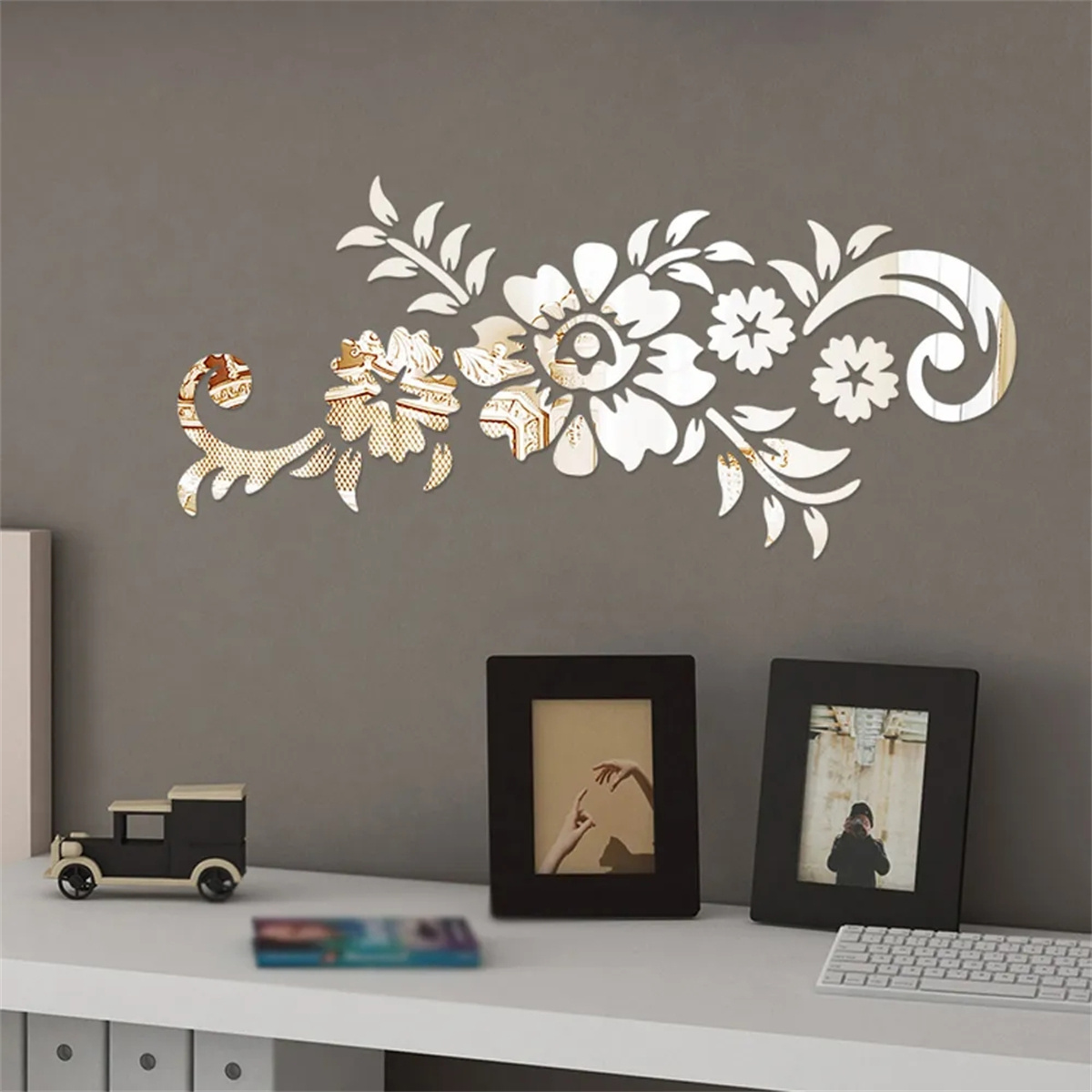 1PC 50x21.5 cm Removable Acrylic 3D Waterproof Mirror Wall Stickers Decal Rattan Flowers Fashionable Home Living Room Decoration