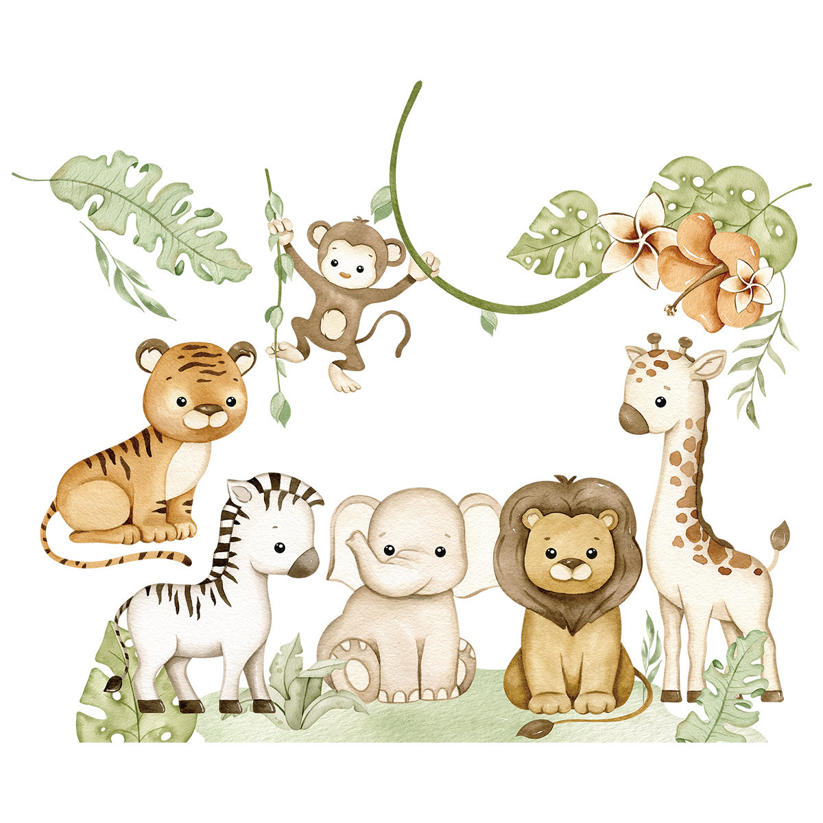 Cute Cartoon Forest Animals Wall Stickers for Kids Rooms Boys Baby Room Decoration Jungle Elephant Giraffe Lion Monkey Wallpaper