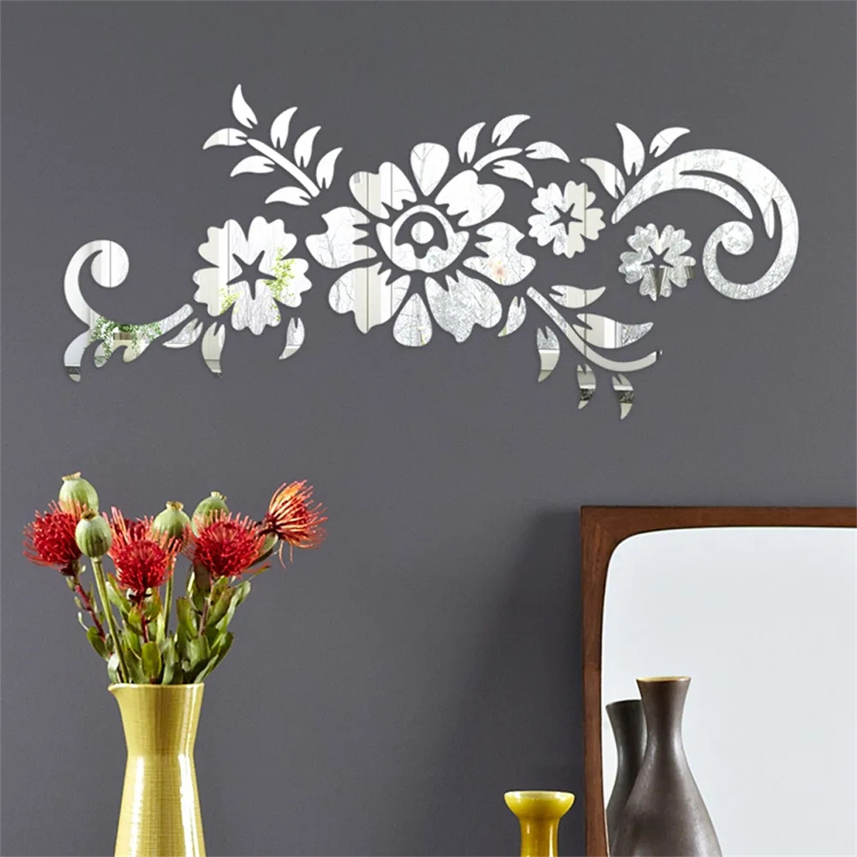 1PC 50x21.5 cm Removable Acrylic 3D Waterproof Mirror Wall Stickers Decal Rattan Flowers Fashionable Home Living Room Decoration