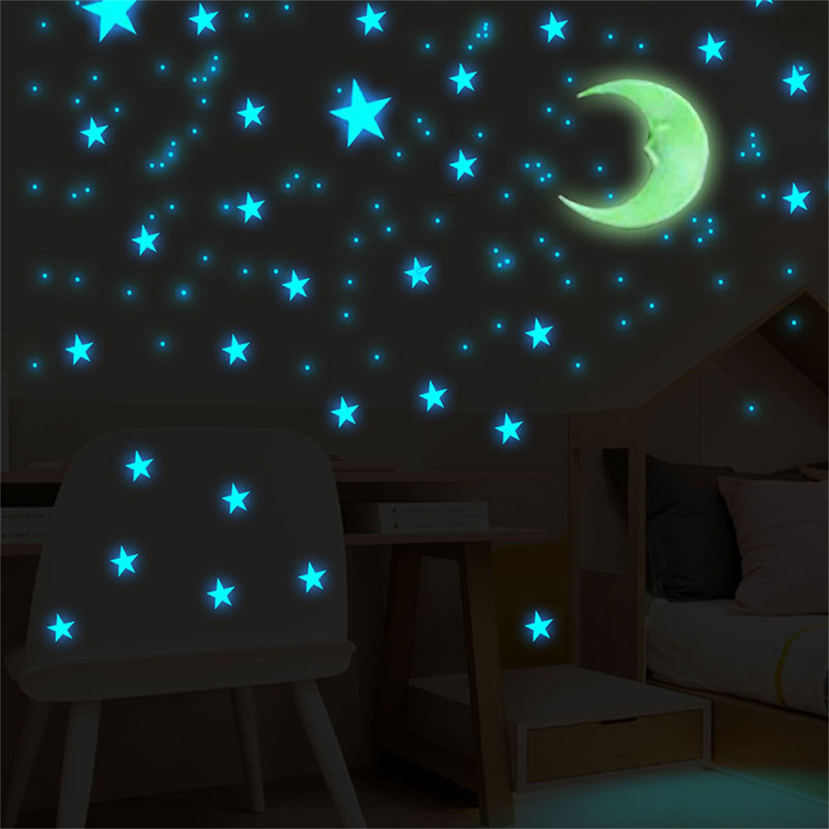 100pcs Nightlight Dark Blue Star Yellow Moon Set Wall Sticker Plastic Star Fluorescent Sticker Children's Room Home Decoration