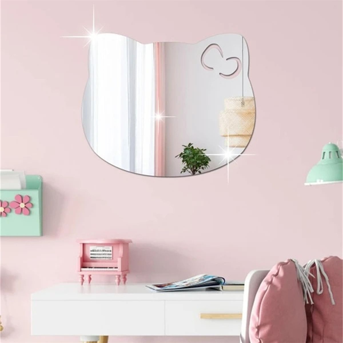 1Pc Cartoon Cat Shaped Mirror Wall Stickers  Cute Creative Self Adhesive Decorative  Removable Art  for Living Room Bedroom