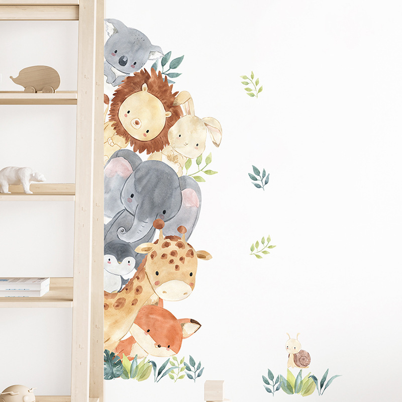 Cartoon Animal Door Stickers Wall Decals for Kids Room Decoration Elephant Lion Giraffe Wall Stickers for Baby Room Door Decor