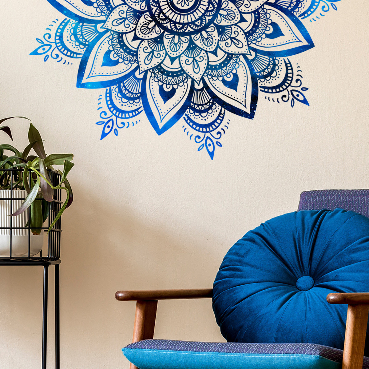 New Bohemian Mandala Door Stickers Blue Flower Painting Wallpaper Yoga Living Room Bedroom Home Interior Art Decal Door Decor