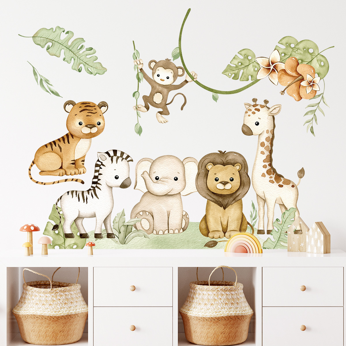 Cute Cartoon Forest Animals Wall Stickers for Kids Rooms Boys Baby Room Decoration Jungle Elephant Giraffe Lion Monkey Wallpaper