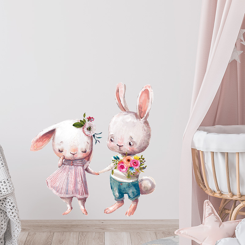 Living Room Home Decoration Gift Wall Stickers Cartoon Rabbit Decals Hearts Clouds Flower Cute Bunny Wallpaper Nursery Ornament