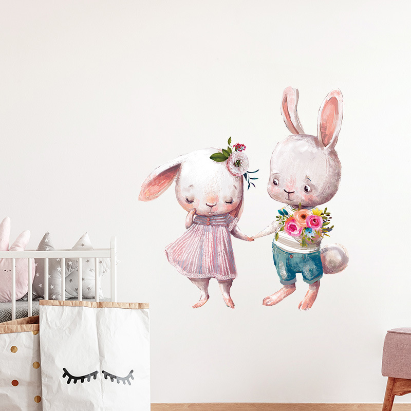 Living Room Home Decoration Gift Wall Stickers Cartoon Rabbit Decals Hearts Clouds Flower Cute Bunny Wallpaper Nursery Ornament