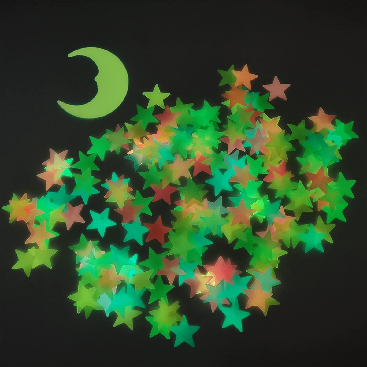 Glow in The Dark Luminous Stars Wall Stickers for Ceiling  Adhesive 200pcs 3D Glowing Stars and 1pc Moon for Kids Bedroom Decor