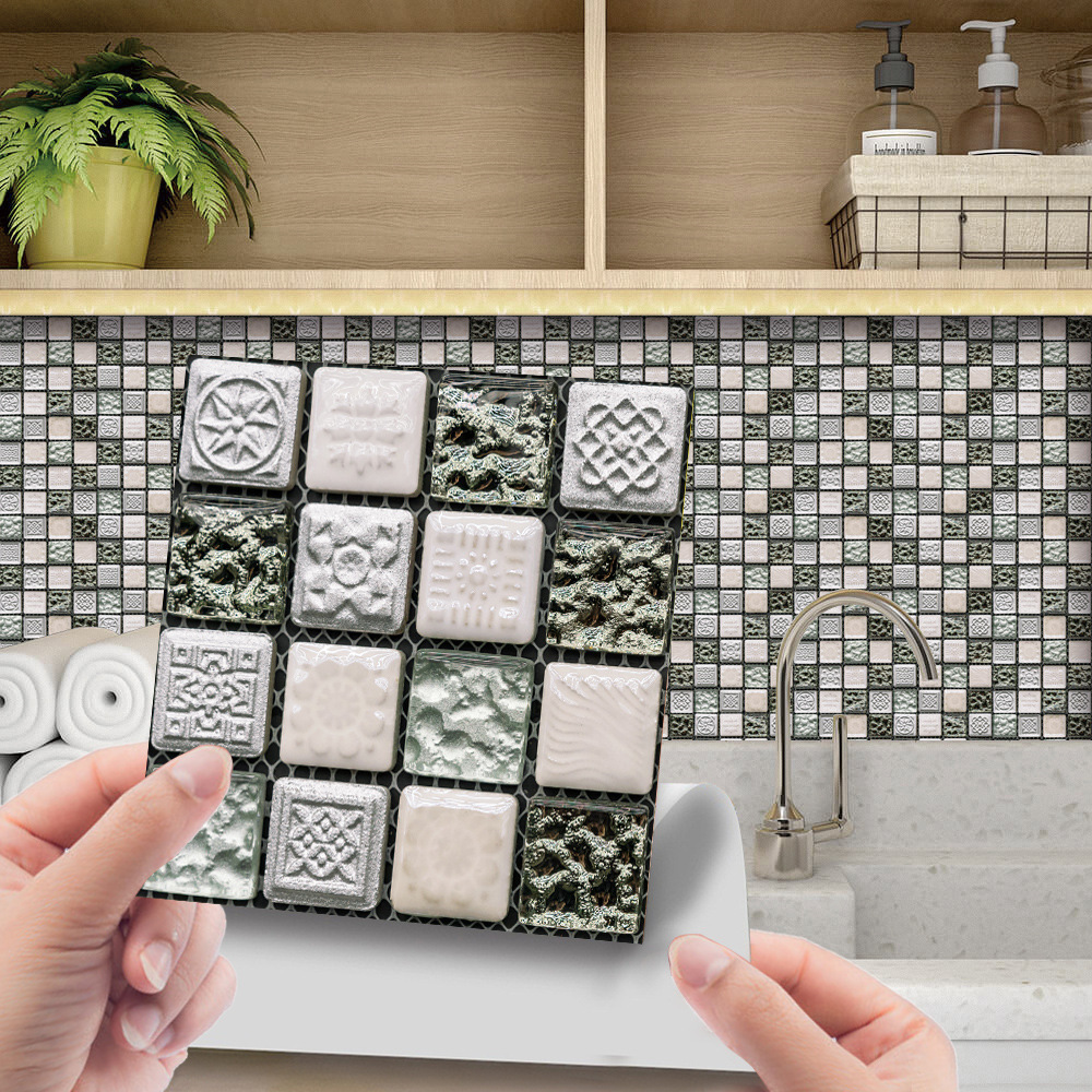 10pcs Mosaic Wall Tile Peel and Stick Self adhesive Backsplash DIY Kitchen Bathroom Home Wall Sticker PVC 3D illusion Crystal