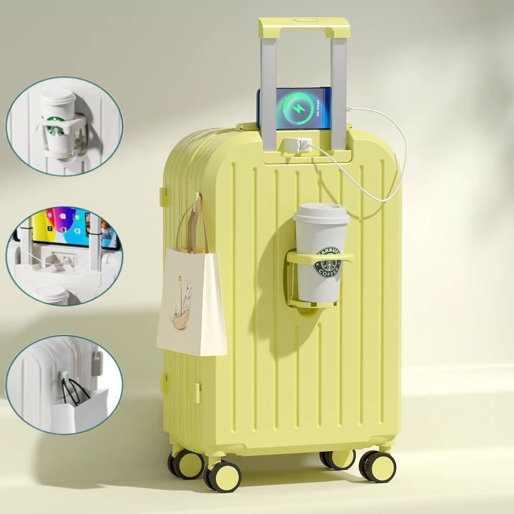 Custom Logo Fashion PC Zipper Spinner Suitcase with Cup holder USB Charging port Hook Travel Trolley Bag Luggage