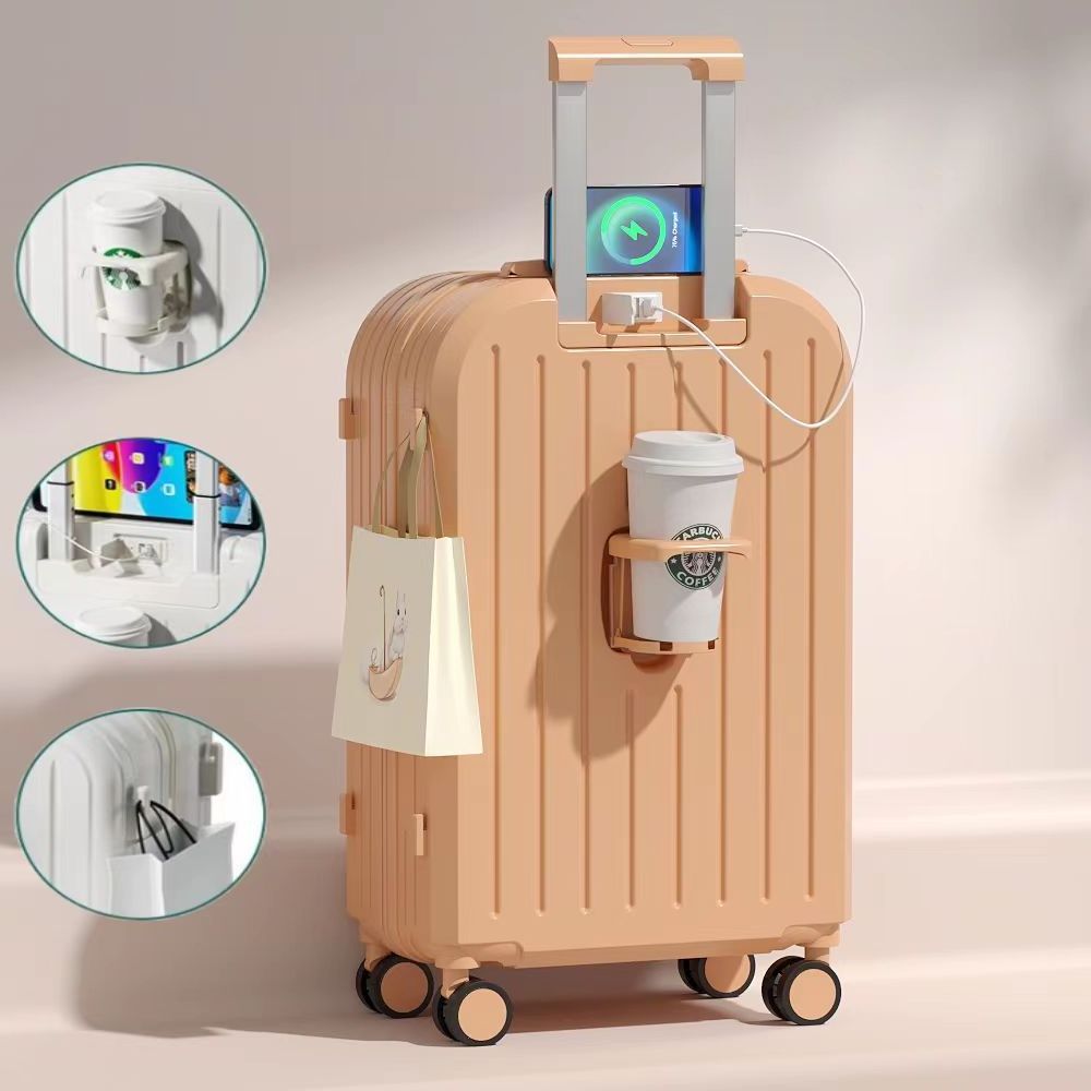 Custom Logo Fashion PC Zipper Spinner Suitcase with Cup holder USB Charging port Hook Travel Trolley Bag Luggage