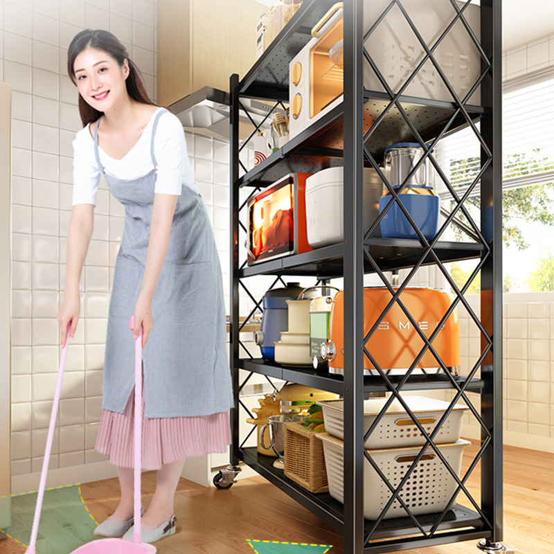 Kitchen Shelves Storage Racks  Folding Metal Kitchen Organizer Shelf Mobile Foldable Storage Rack With Wheels Shelving Units