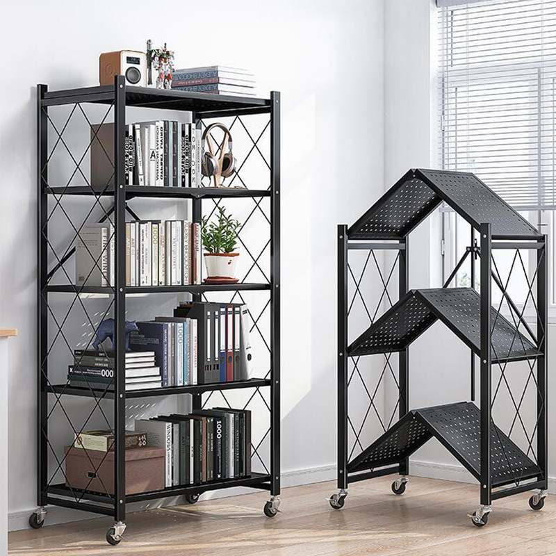 Kitchen Shelves Storage Racks  Folding Metal Kitchen Organizer Shelf Mobile Foldable Storage Rack With Wheels Shelving Units