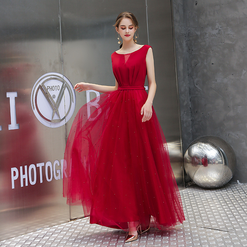 2019 Maxi Bridesmaid Dresses New Fashion Sleeveless O neck Long Red Pearl Decorated Wedding Party Evening Dresses