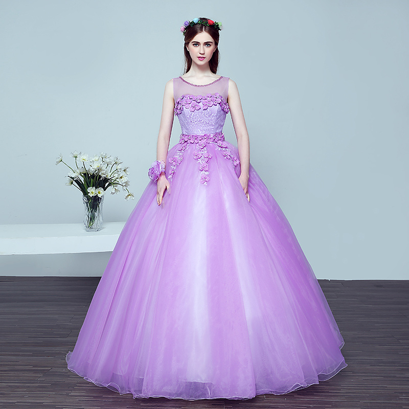 Lace Flower Beaded Fashion Purple Tulle Organza Colored Wedding Dresses