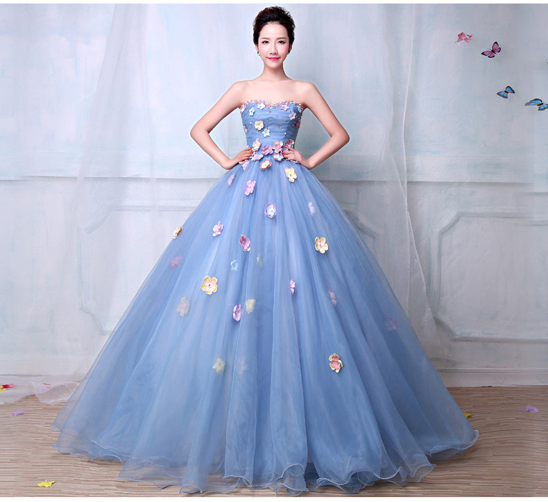 Beaded Flower Colored wedding dress 2018 New Korean Style Light blue Princess Wedding Gowns