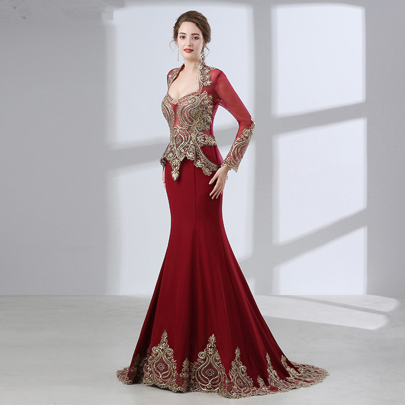 Luxury Wine Red Long Sleeve Muslim Dubai kaftans Pakistani Evening Dress Golden Lace Mermaid Dress With Detachable Long Shawl