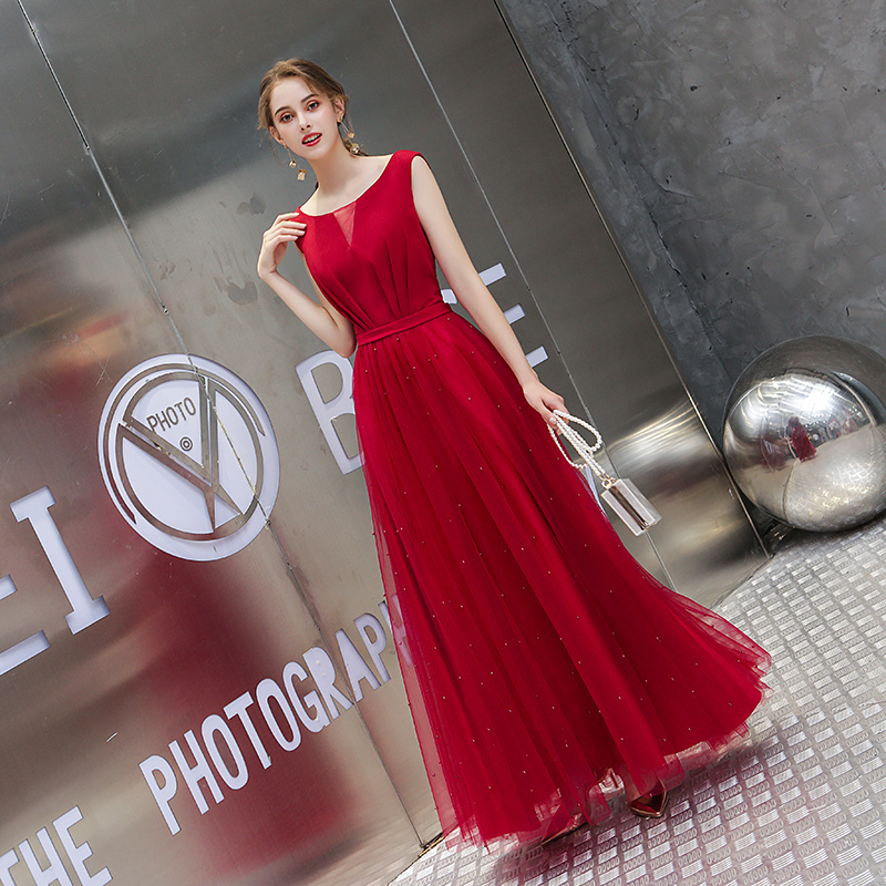 2019 Maxi Bridesmaid Dresses New Fashion Sleeveless O neck Long Red Pearl Decorated Wedding Party Evening Dresses